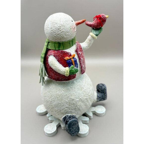 Vintage Whimsical Snowman Christmas Figurine Holding Cardinal Bird & Gift - Picture 4 of 7